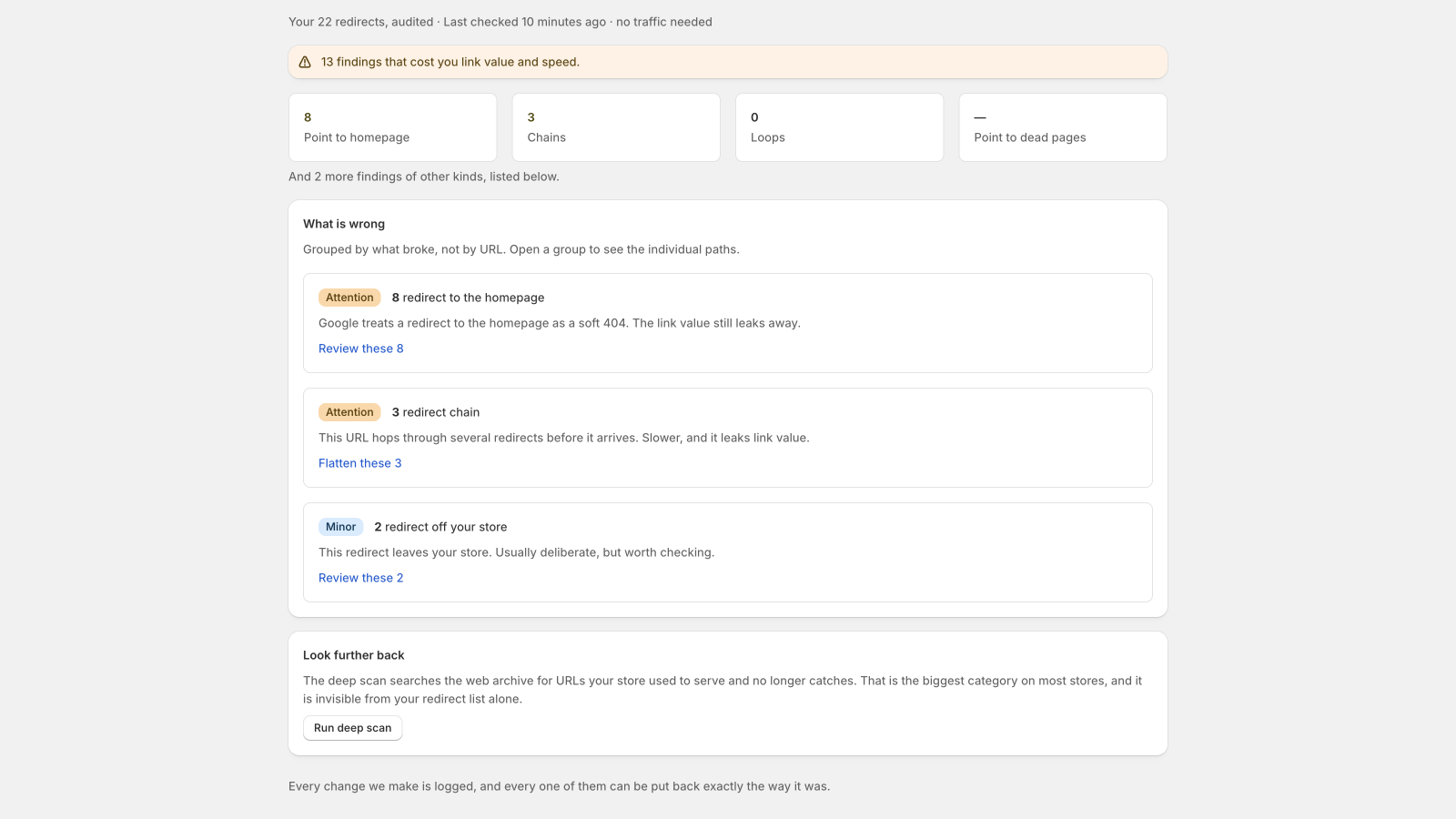 Klofy redirect audit showing grouped findings and redirect chains